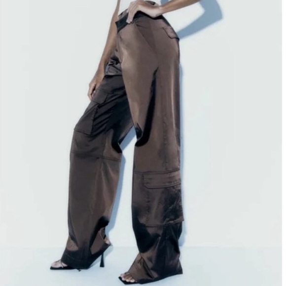 Zara Satin Effect Multi Pocket Cargo Pants - Eggplant - Picture 2 of 12